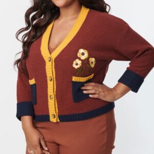 Brown & Mustard Sweater Cardigan by Unique Vintage